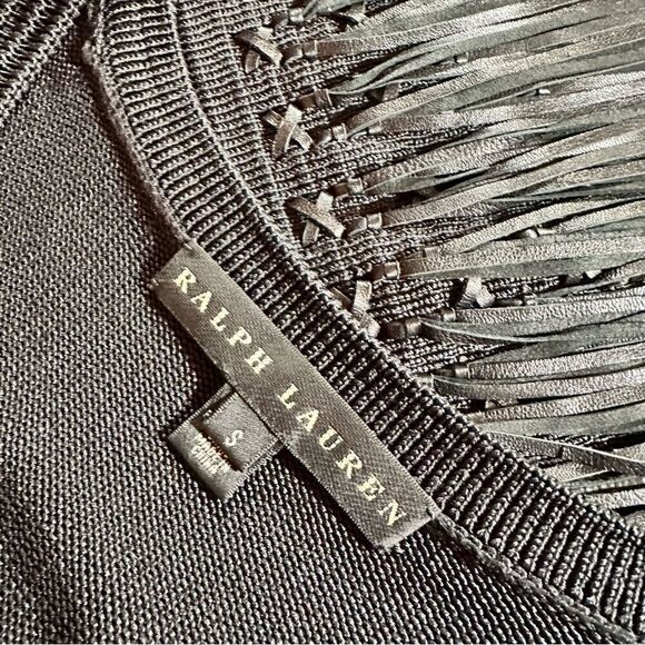 Ralph Lauren Black Label Dresses & Skirts - Ralph Lauren Black Lamb Leather-Fringe Silk Knit Sheath Dress